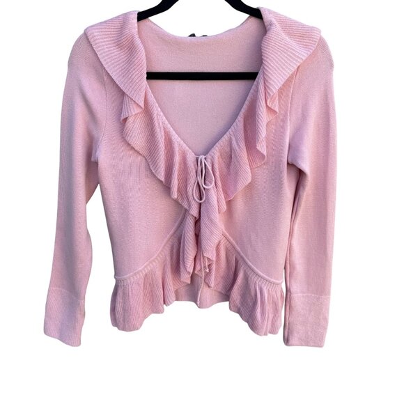 Cenit Y2K Knit Pink V Neck Ruffle Knit Tie Front Boho Cottage Cardigan Sweater L - Picture 1 of 7